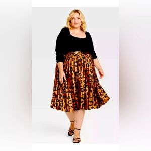 Ava & Viv Brown Leopard Print Pleated Midi Skirt